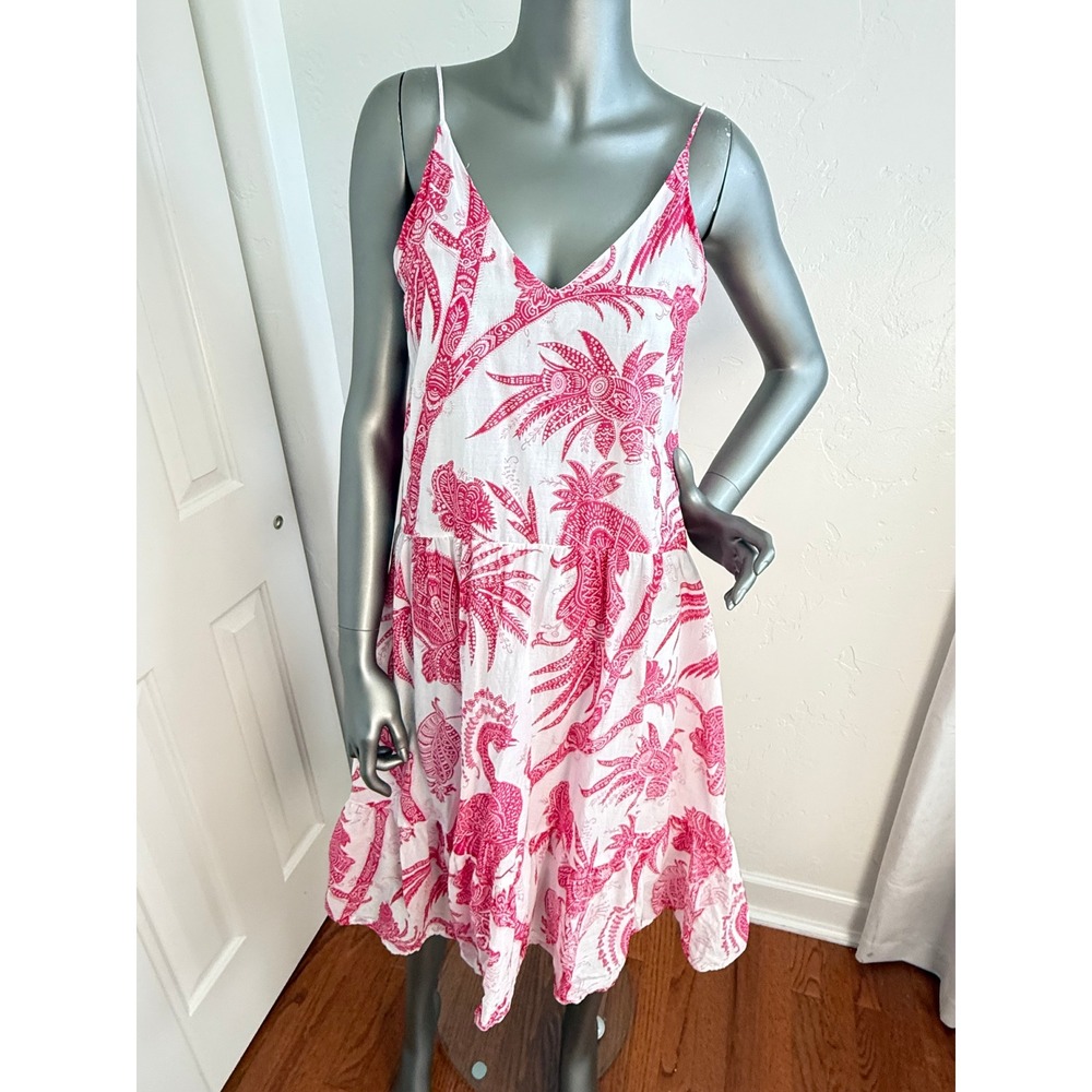 H&M Pink Tropical Palm Print Tiered Midi Cotton Dress Boho Floral Beach Sundress